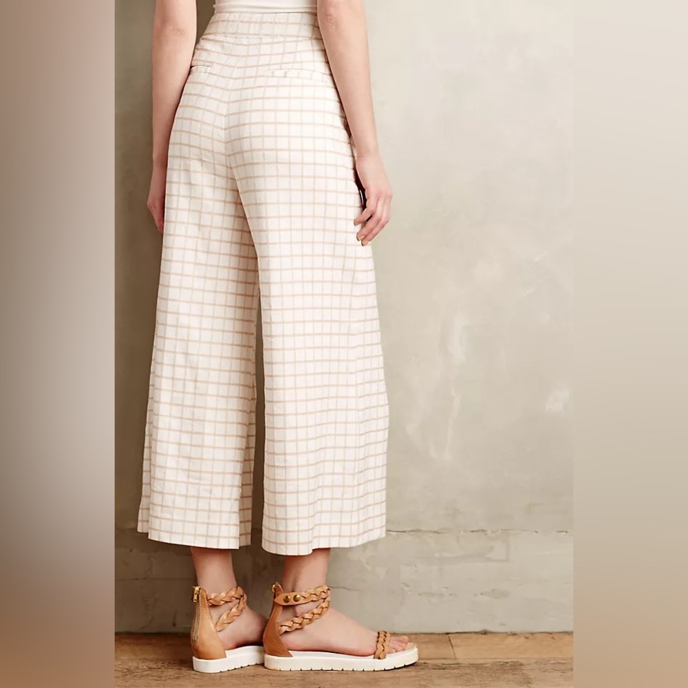 Anthropologie‎ Elevenses Windowpane Culottes Pants Linen-Blend Cream